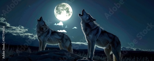 Regal wolves howling under moonlit sky, 4K hyperrealistic photo photo