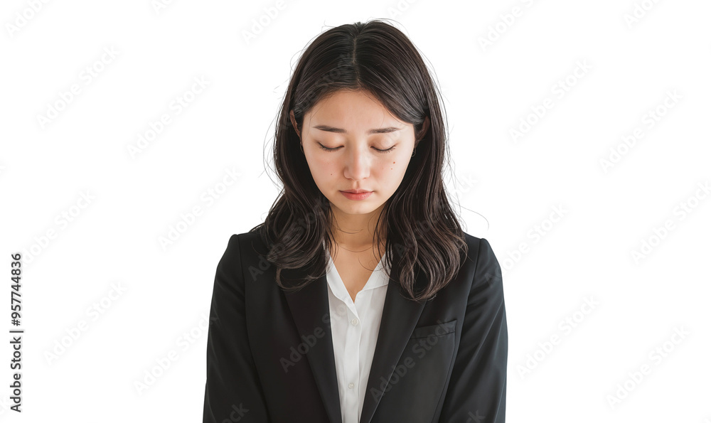 Japanese businesswoman looking frustrated, appearing stressed and tired, isolated on transparent background Japanese businesswoman looking frustrated, appearing stressed and tired, isolated on transparent background