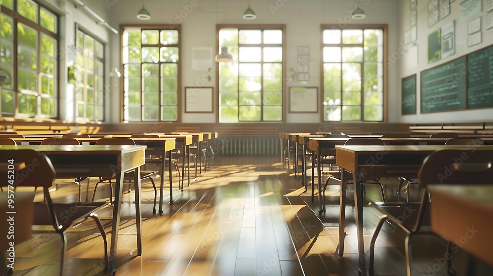 classroom interior with school desks chair for teaching learning students. classroom interior with school desks chair for teaching learning students.