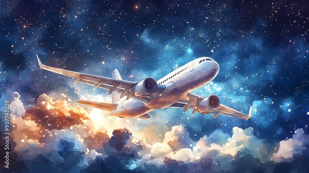 Naklejka premium A charming watercolor of a cartoon airplane flying high with stars twinkling all around, evoking a sense of wonder