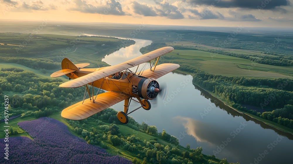 A bi-plane drifting over a peaceful valley, with watercolor fields of lavender and green meadows below, a calm river winding through the landscape A bi-plane drifting over a peaceful valley, with watercolor fields of lavender and green meadows below, a calm river winding through the landscape