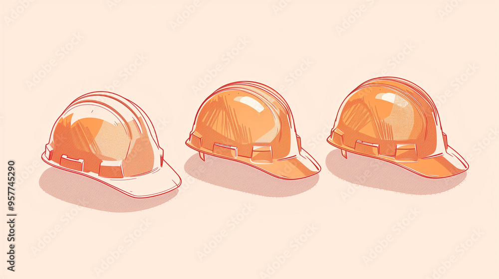Minimalist illustration of three orange construction helmets in a row Minimalist illustration of three orange construction helmets in a row