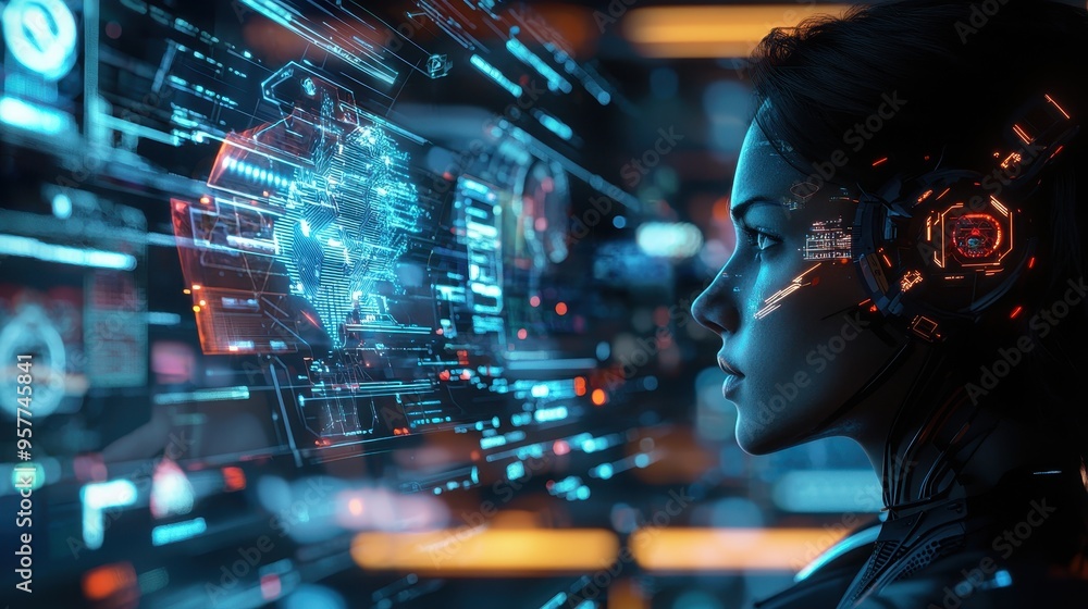 Futuristic Woman Looking at Global Network Data on Screen Futuristic Woman Looking at Global Network Data on Screen
