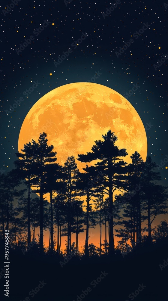 Naklejka premium Silhouetted Trees Against a Full Orange Moon and Starry Night Sky
