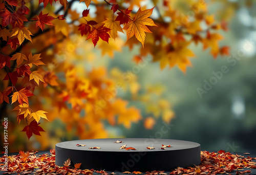 product presentation podium stage with autumn leaf background for product sale promotion showcase