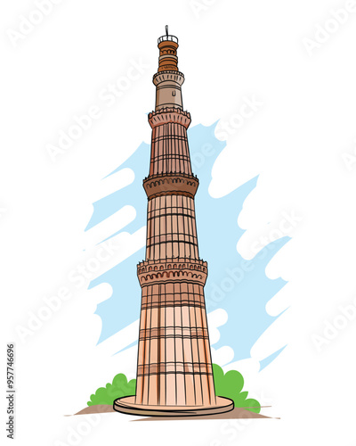 Qutub Minar, Delhi. most famous monument of India, tourist attraction, vector illustration.