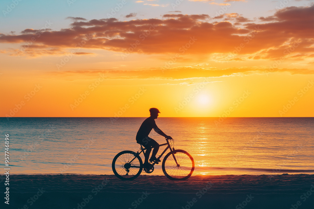 Fototapeta premium Sunset Bicycle Ride by the Ocean