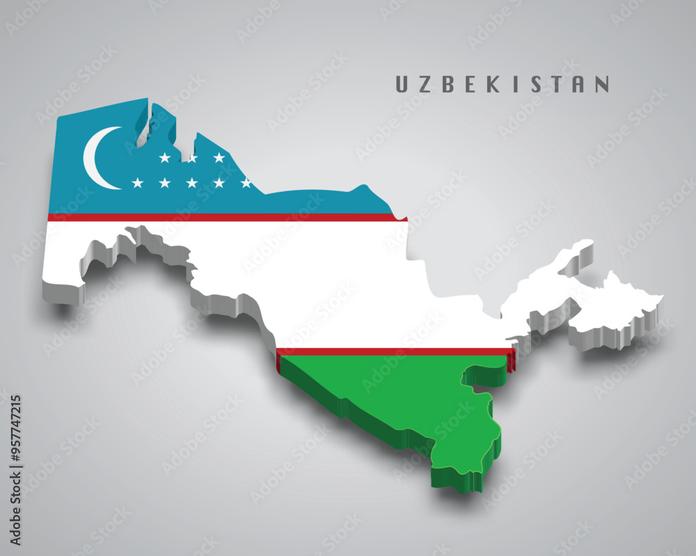 Obraz premium Uzbekistan 3d map with national flag on grey background