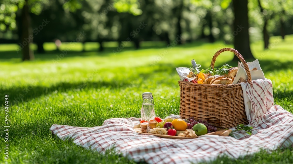 Picnic basket filled with food with personal accessory on blanket over green grass Picnic basket filled with food with personal accessory on blanket over green grass