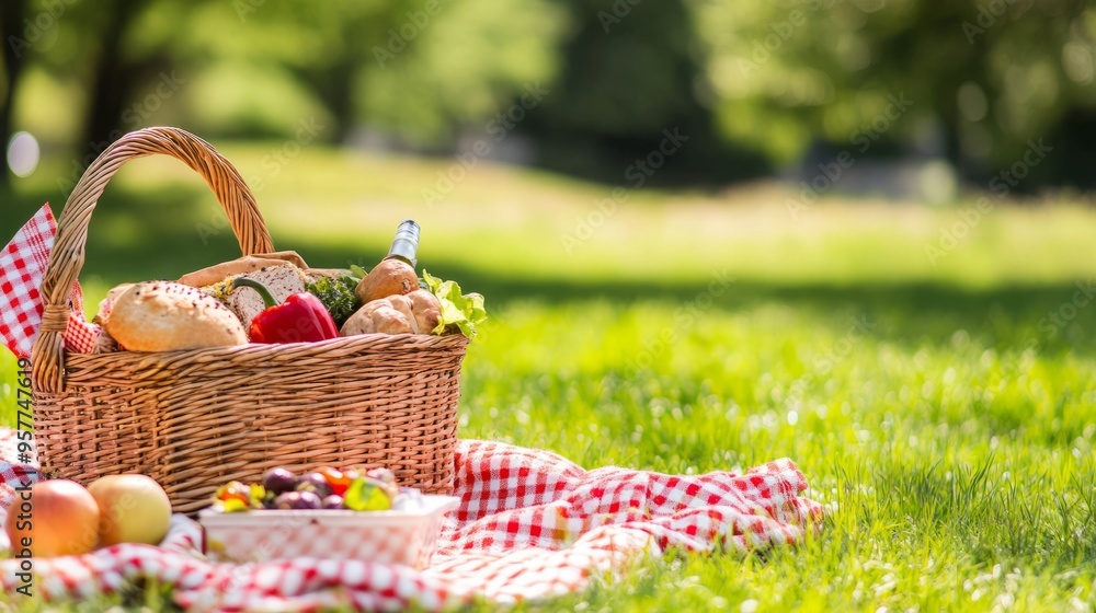 Picnic basket filled with food with personal accessory on blanket over green grass Picnic basket filled with food with personal accessory on blanket over green grass