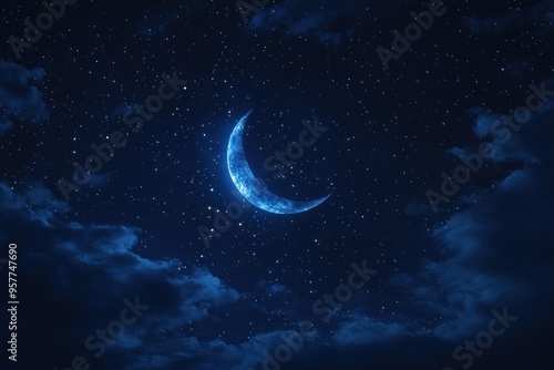 A crescent moon with stars and clouds in a night sky