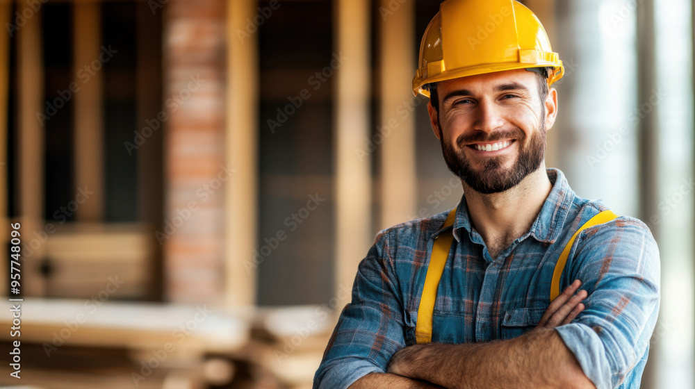 A smiling construction worker wearing a yellow hard hat and plaid shirt, standing with arms crossed in a worksite. A smiling construction worker wearing a yellow hard hat and plaid shirt, standing with arms crossed in a worksite.