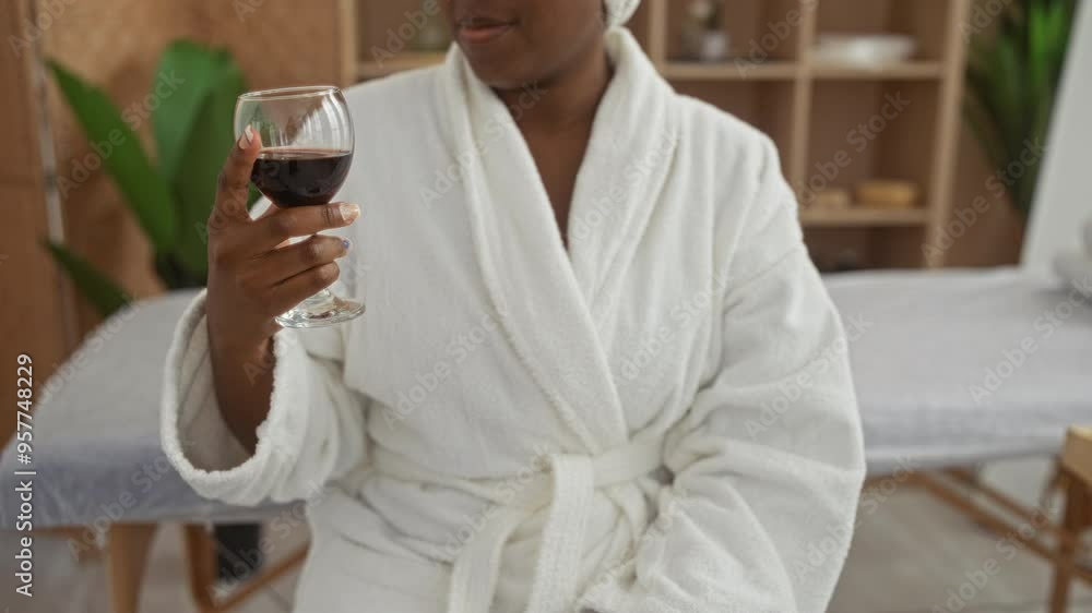 Woman relaxing in a spa while wearing a white robe and holding a glass of red wine Woman relaxing in a spa while wearing a white robe and holding a glass of red wine