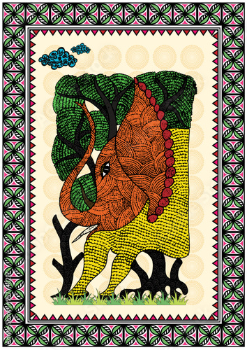 Harmony of Nature: A Serene Gond Artwork of Elephant, Tree, and Nature. Gond elephant tree nature painting, Indian folk art wildlife scene,Tribal nature artwork, Gond jungle, Wildlife Gond art. photo