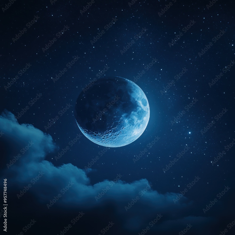Fototapeta premium Crescent Moon and Stars in a Night Sky with Clouds