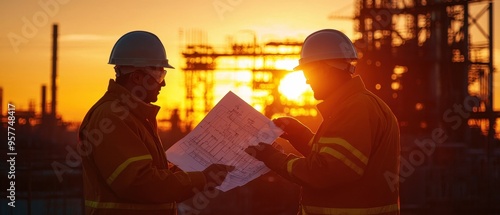 Construction Workers Reviewing Plans at Sunset