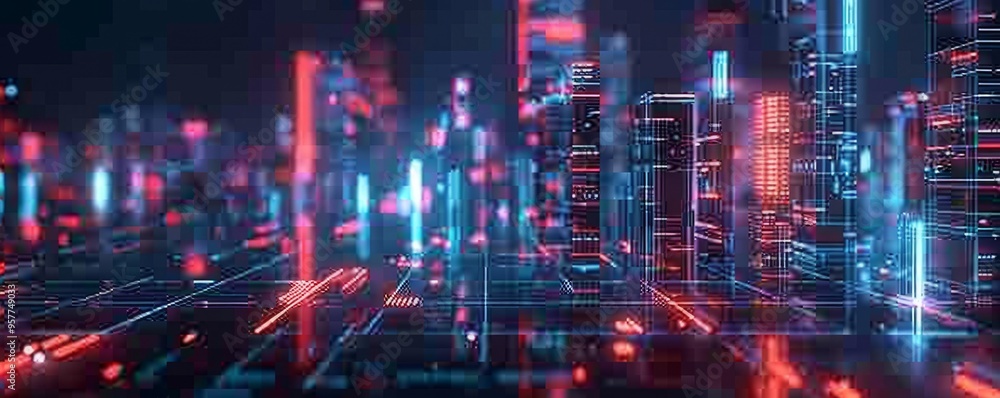 Obraz premium Futuristic 3D city with glowing elements, 4K hyperrealistic photo