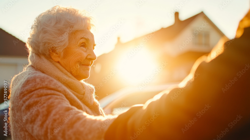 Elderly woman smiling warmly while being helped into car during sunset, showcasing moment of care and respect. Elderly woman smiling warmly while being helped into car during sunset, showcasing moment of care and respect.