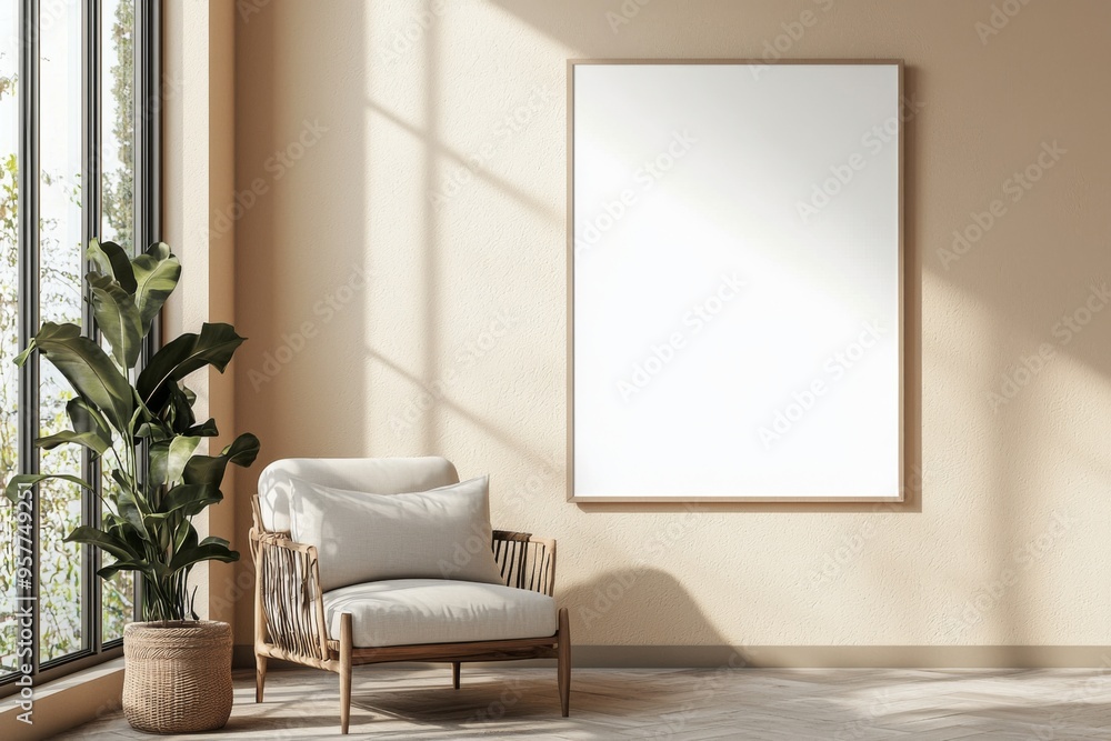 Poster Frame in Beige minimalist living room interior created with generative AI Poster Frame in Beige minimalist living room interior created with generative AI