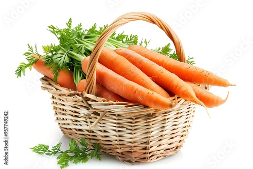 Basket with fresh carrots and dill isolated on a white background.