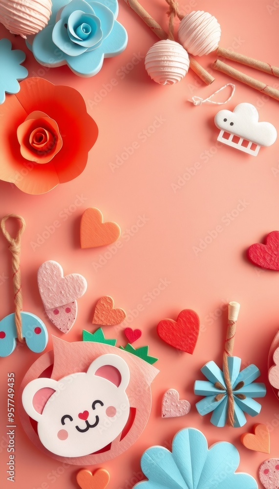Happy pastel colored paper hearts, flowers, and a bear on pink background. Happy pastel colored paper hearts, flowers, and a bear on pink background.