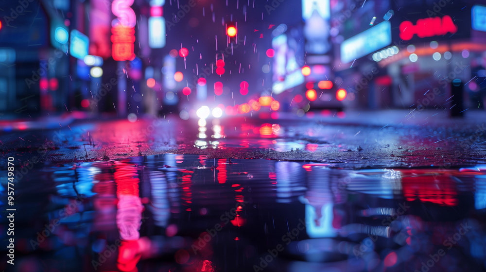 Rainy Night Street Scene with Neon Lights Reflected on Wet Pavement Rainy Night Street Scene with Neon Lights Reflected on Wet Pavement