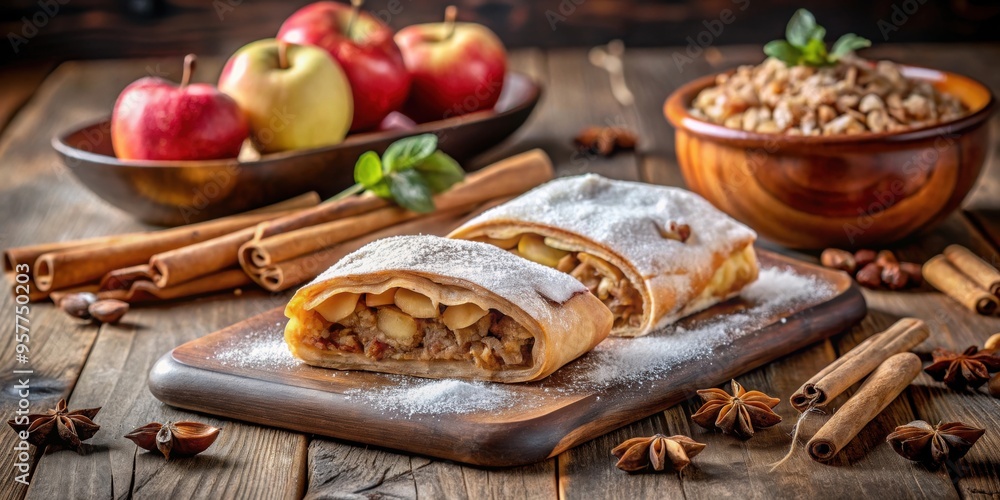 Classic apple strudel on a serving board with spices, sugar sprinkles, apple strudel, dessert, pastry, Austrian, traditional Classic apple strudel on a serving board with spices, sugar sprinkles, apple strudel, dessert, pastry, Austrian, traditional