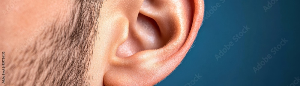 Fototapeta premium Close-up view of a human ear with soft lighting, showcasing its intricate details and textures against a blue background.