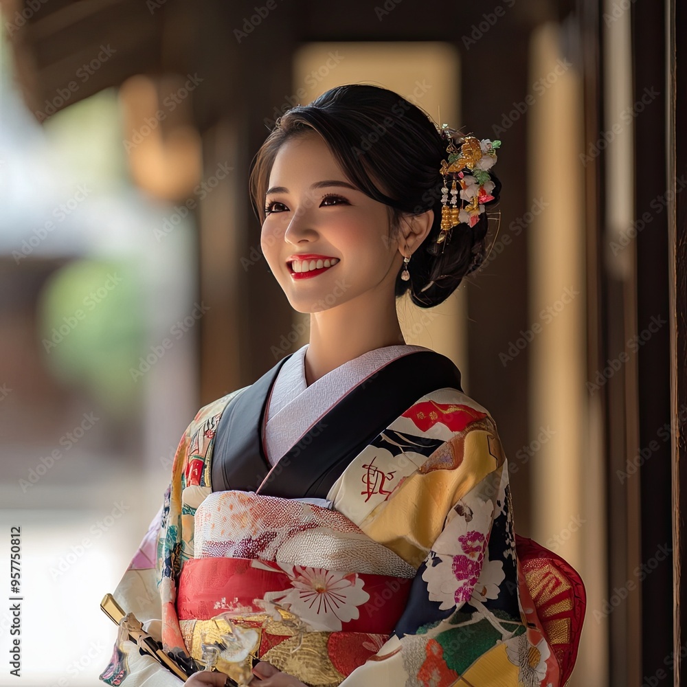 A beautiful woman wearing a colorful kimono, showcasing traditional Japanese culture and elegance, with a joyful smile. A beautiful woman wearing a colorful kimono, showcasing traditional Japanese culture and elegance, with a joyful smile.