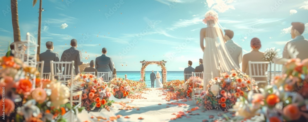 Fototapeta premium Wedding ceremony by the beach, 4K hyperrealistic photo