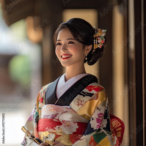 A beautiful woman wearing a colorful kimono, showcasing traditional Japanese culture and elegance, with a joyful smile.