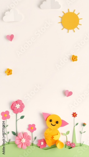 Paper craft yellow happy character in a green meadow with pink flowers, yellow flowers, and a sun.