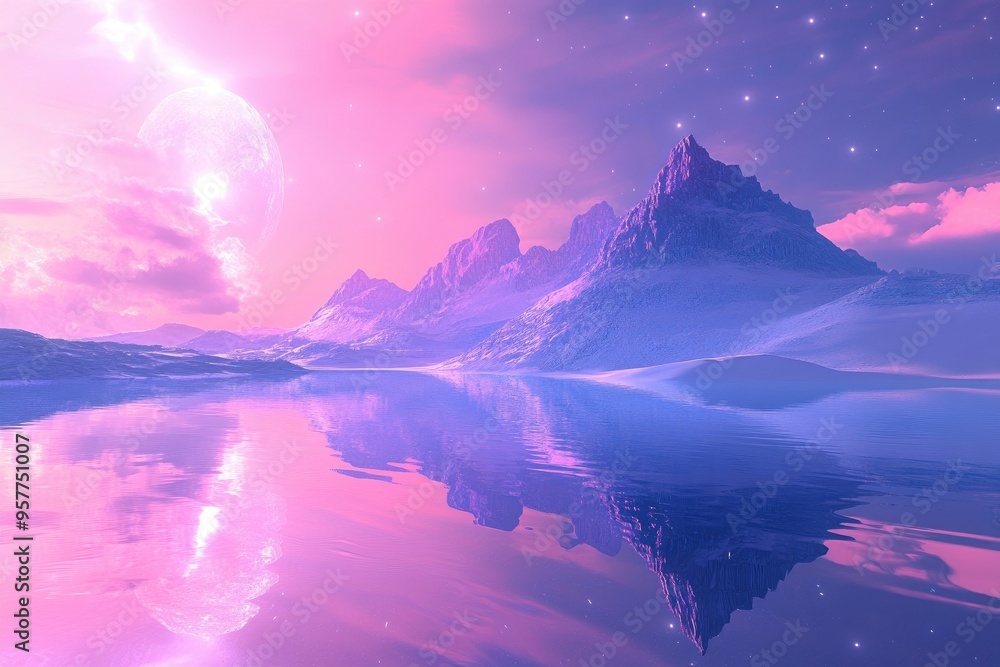 A serene landscape of mountains reflecting in a pink-hued lake under a starry sky, creating a dreamlike atmosphere. A serene landscape of mountains reflecting in a pink-hued lake under a starry sky, creating a dreamlike atmosphere.