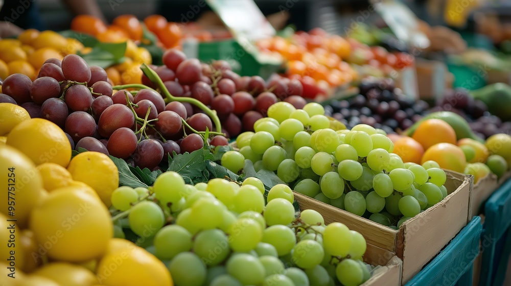Fresh Fruit Market Stall: A vibrant display of fresh, colorful grapes and citrus fruits at a bustling market stall, showcasing the abundance and variety of nature's bounty. Fresh Fruit Market Stall: A vibrant display of fresh, colorful grapes and citrus fruits at a bustling market stall, showcasing the abundance and variety of nature's bounty.