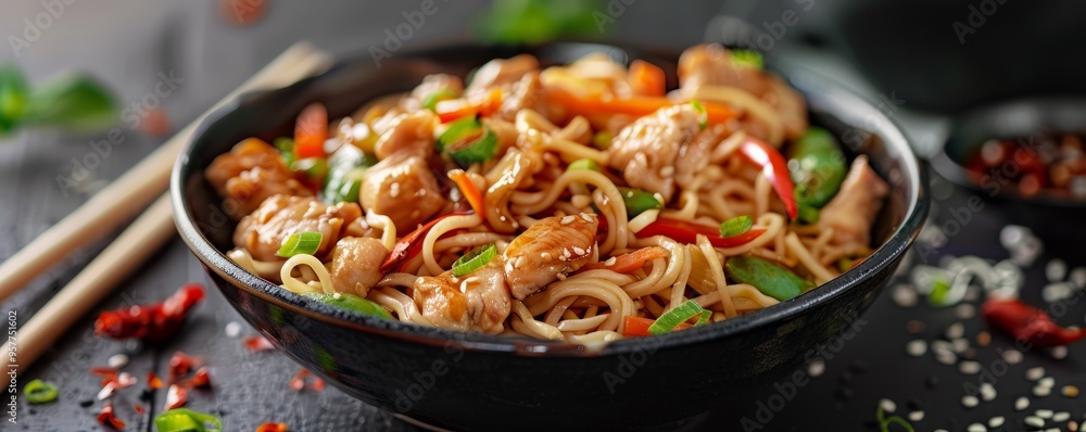 Chicken and vegetable stir-fry with noodles, 4K hyperrealistic photo Chicken and vegetable stir-fry with noodles, 4K hyperrealistic photo