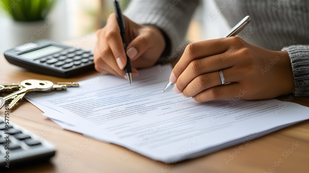 Hands signing a home refinance agreement on a desk with a calculator, keys, and loan documents, symbolizing financial commitment and stability Hands signing a home refinance agreement on a desk with a calculator, keys, and loan documents, symbolizing financial commitment and stability