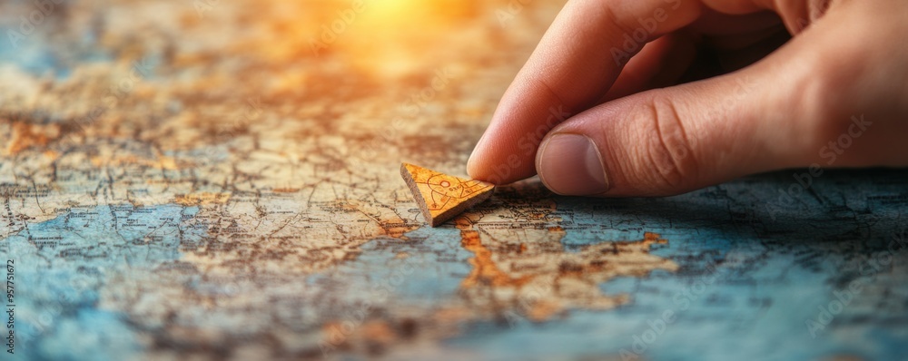 A hand gently tracing a route on a vintage map, symbolizing adventure, exploration, and the joy of discovering new places.