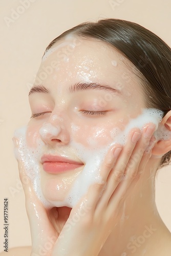 A natural beautiful girl with clean skin washes