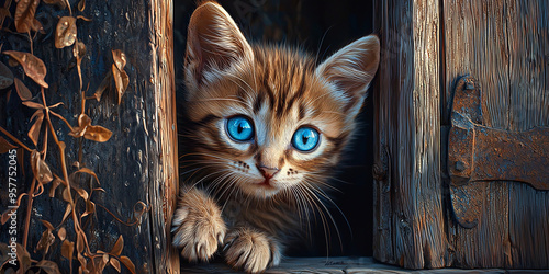A kitten with blue eyes, peering out from behind the wooden door of an old house, generative AI