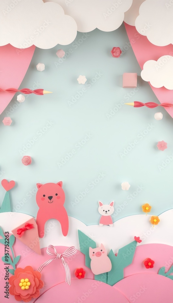 Paper craft with clouds, flowers, and animals against a light blue background. Paper craft with clouds, flowers, and animals against a light blue background.