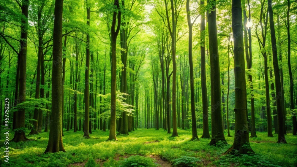 Obraz premium Lush green trees standing tall in a dense forest, nature, woods, foliage, environment, greenery, woodland