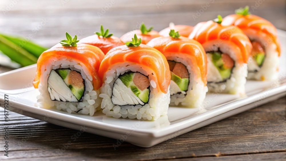 Delicious sushi roll with fresh salmon on a white plate , Japanese cuisine, raw fish, seafood, Asian food, sushi bar Delicious sushi roll with fresh salmon on a white plate , Japanese cuisine, raw fish, seafood, Asian food, sushi bar
