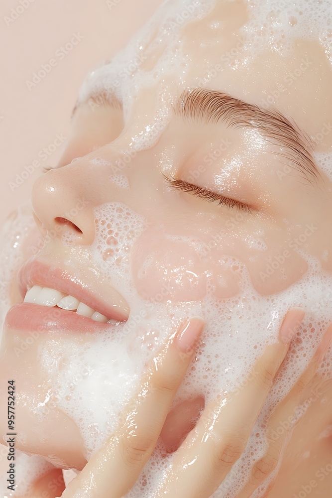 Fototapeta premium A natural beautiful girl with clean skin washes