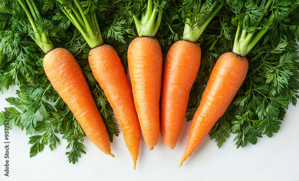 Freshly harvested organic carrots with lush green tops on white background Freshly harvested organic carrots with lush green tops on white background