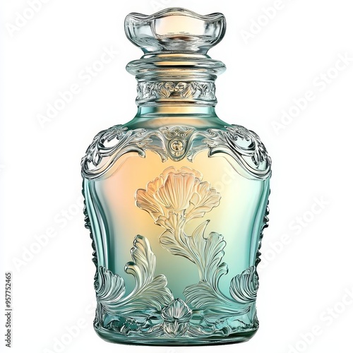 Elegant glass bottle with ornate floral design and a vintage aesthetic. photo