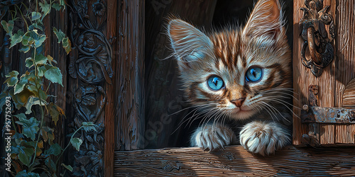 A kitten with blue eyes, peering out from behind the wooden door of an old house, generative AI