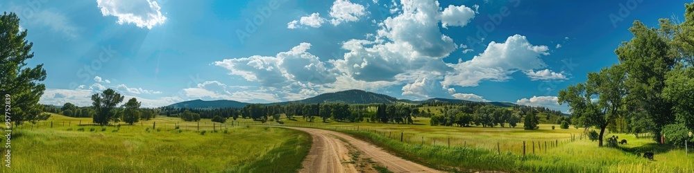 Fototapeta premium Breathtaking landscapes featuring greenery, fields, bright skies, and expansive pathways.