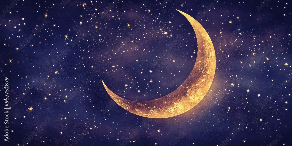 Crescent Moon and Stars in Night Sky Crescent Moon and Stars in Night Sky