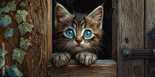A kitten with blue eyes, peering out from behind the wooden door of an old house, generative AI