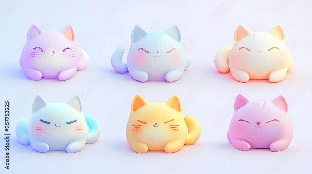 Nine cat icons rendered in high resolution with a dreamy color palette. The icons feature a light background and soft lighting that highlights their smooth edges and simple design. Nine cat icons rendered in high resolution with a dreamy color palette. The icons feature a light background and soft lighting that highlights their smooth edges and simple design.